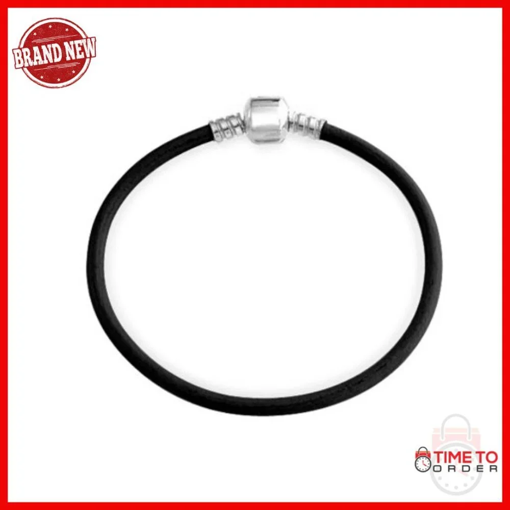 Sterling Silver Leather Charm Bracelet 6.5 Inches Starter European Beads